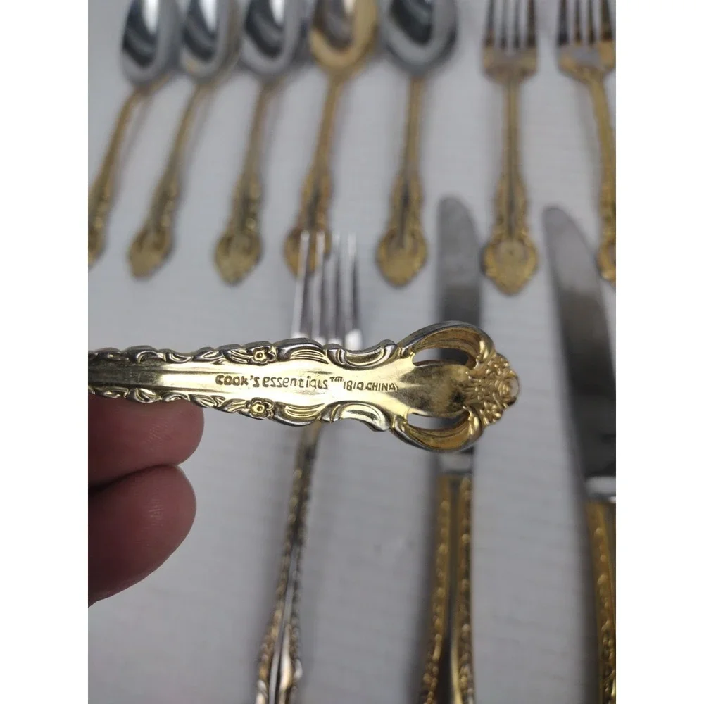 Vintage 24 PC Gold Tone Ornate COOK'S ESSENTIALS 18/10 STAINLESS FLATWARE